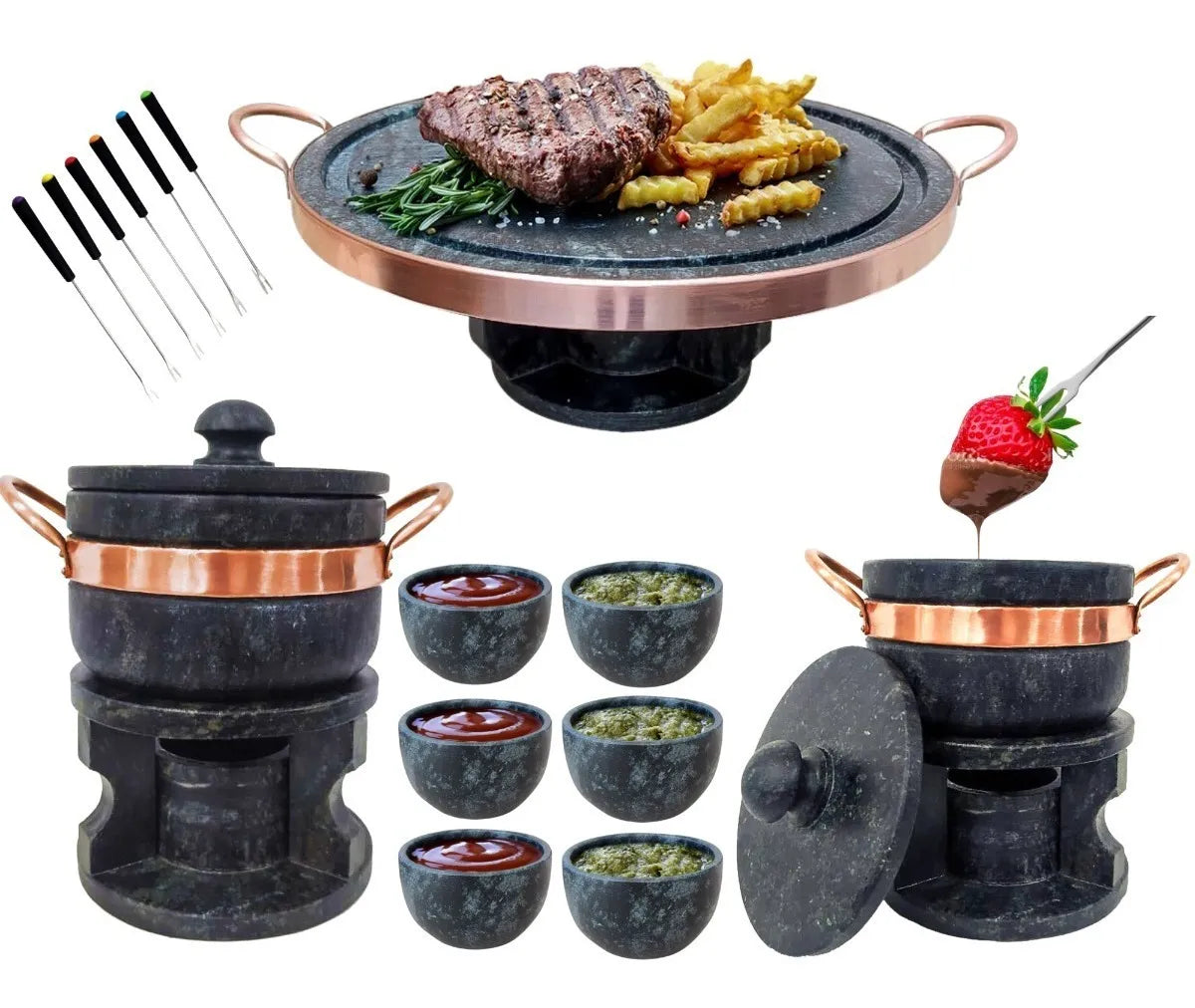 Kit Fondue Céu de Minas – Chapa 32cm + Panelas 500ml e 800ml + 6 Cumbucas + 6 Garfinhos