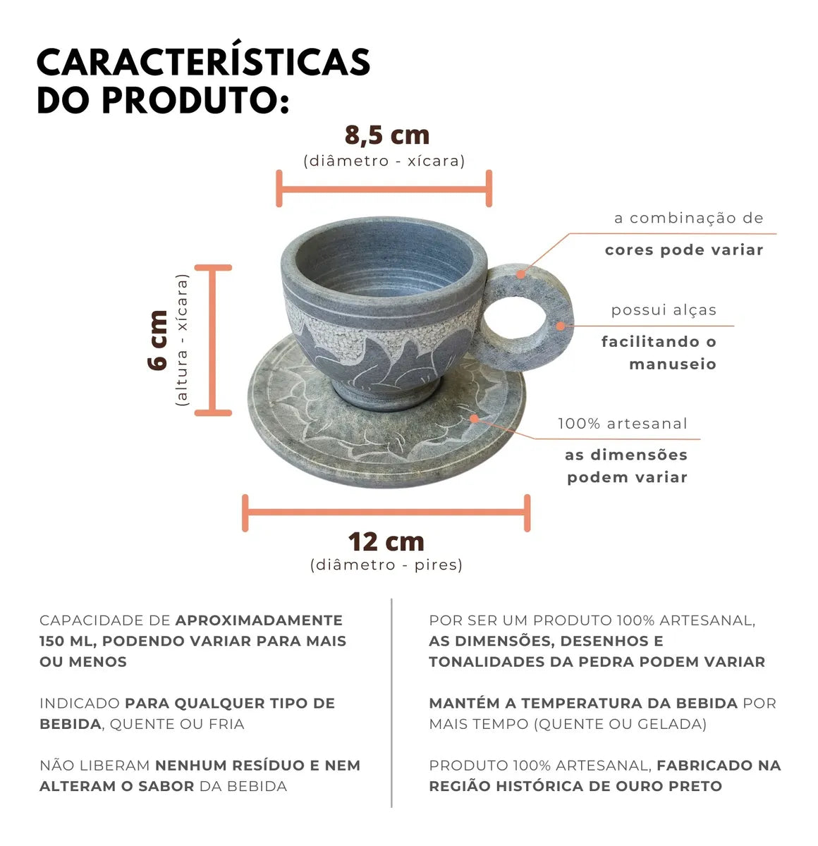 Kit 5 Xícara Artesanal Entalhada à Mão CÉU DE MINAS – Pedra-Sabão Natural